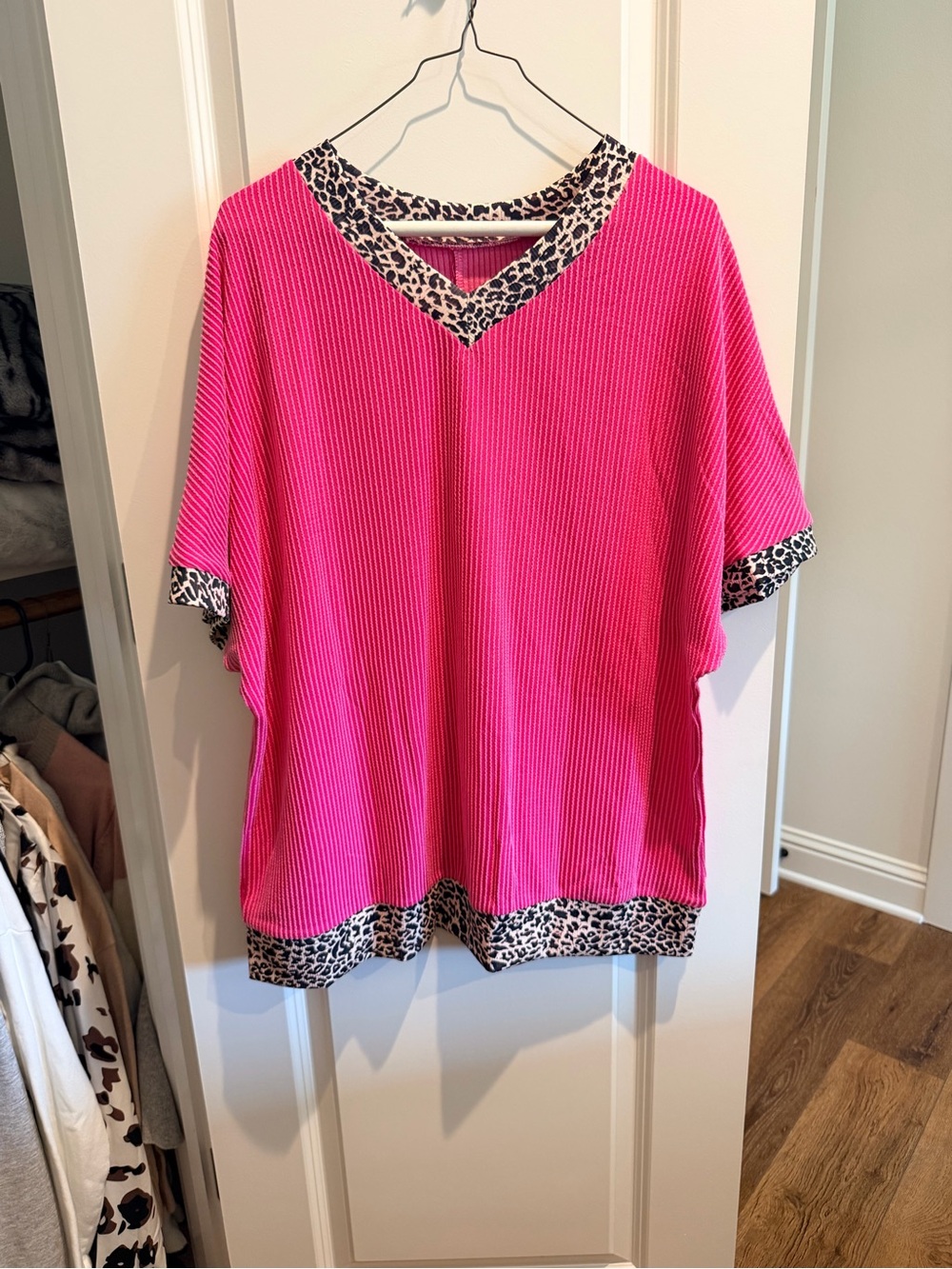 Women's Hot Pink V-Neck Top with Leopard Trim